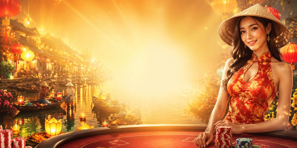 Khung cảnh thơ mộng Hội An với chiếc nón lá và màn hình casino trực tuyến